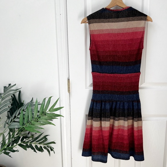 Aqua Smocked Red Striped Mini Sweater Dress Short Sleeve V-neck - Picture 4 of 6